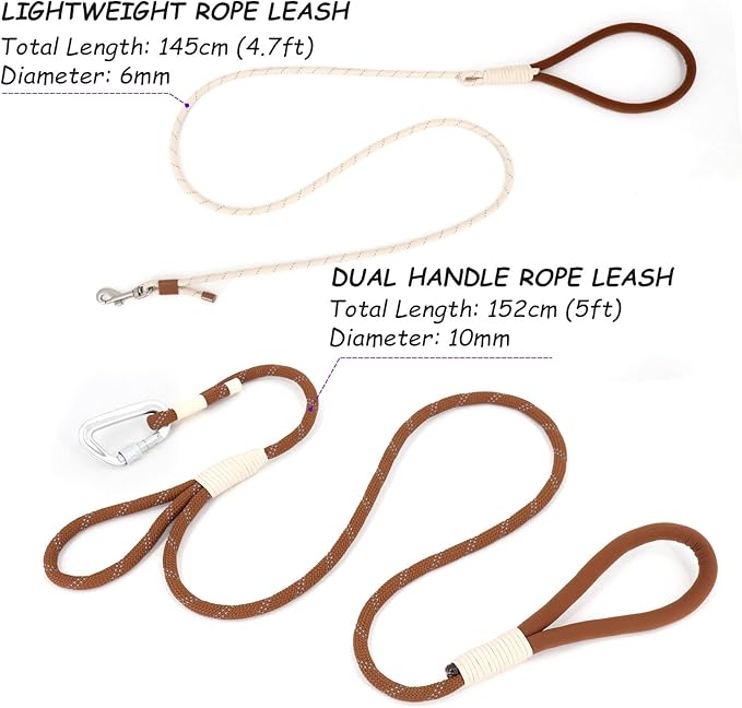 Twin Tails Leash Set - 5ft Double Handle Dog Leash and 4.5ft Lightweight Premium Rope Dog Leashes, Kid-Friendly Family Set, Reflective Pet Leashes for Small Medium and Large Dogs