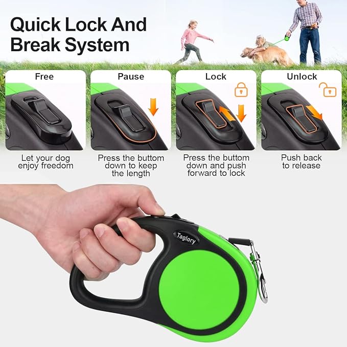 Taglory Retractable Dog Leash, 16ft No Tangle Leash Retractable for Medium and Large Dogs Up to 100 lbs, One-Handed Brake, Pause, Lock, Green