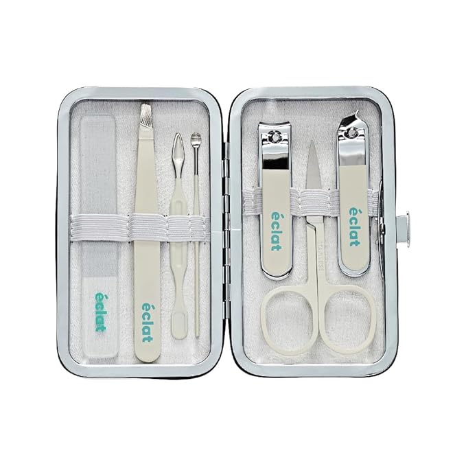 Éclat Manicure Pedicure Kit for Men & Women, 7Pcs Finger & Toe Nail Care Tools Includes Nail Clipper Cutter, Tweezer, File, Cuticle Pusher, Personal Care Professional Grooming Set With Travel Case