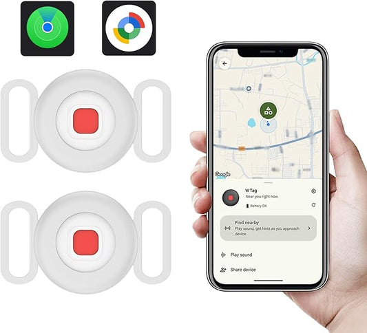 Bluetooth Dog Tracker Tag, Pet Tracker for Dogs with Silicone Collar Holder, Works with Apple Find My & Android Find Hub, IP65 Waterproof Anti-Lost Locator, White 2 Pack