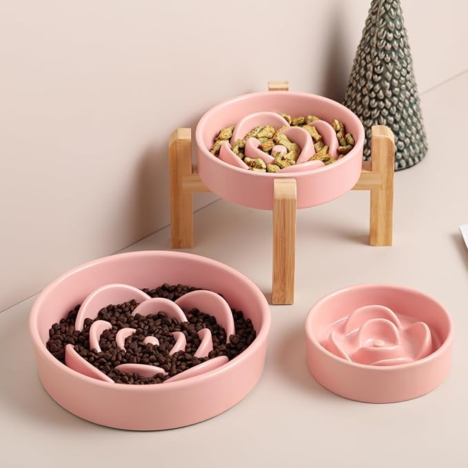 Pink Ceramic Dog Bowl Slow Feeder for Medium and Large Breed,Elevated/Raised 1.5 Cup 8.26 in Slow Feeding Bowl,Puzzle Dog Food Bowl for Fast Eater,Maze Dish for Fast Eater