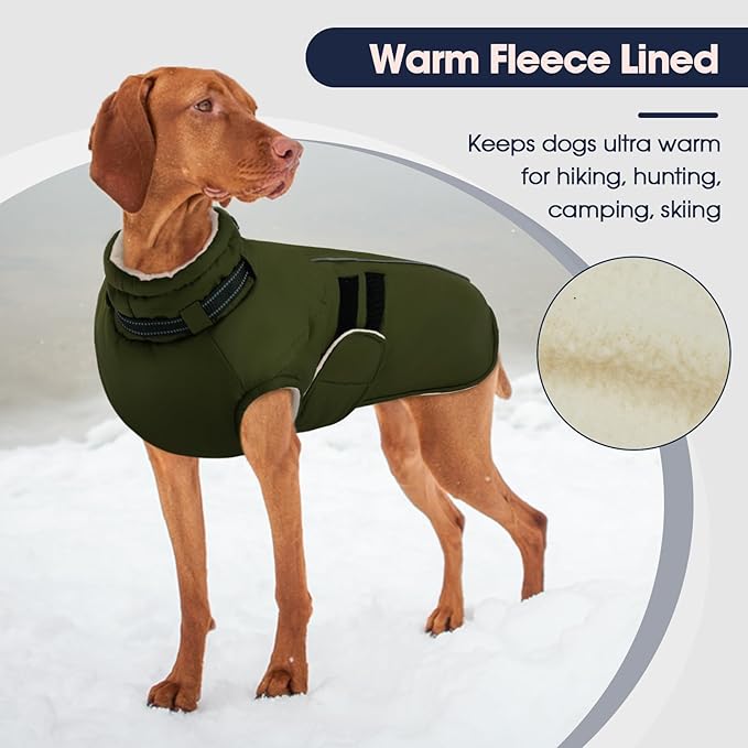 IECOii Winter Dog Coats for Large Dogs, Dog Snow Jacket with Built in Collar & Reflective Strips, Warm Windproof Fleece Dogs Jacket for Cold Weather, Adjustable Easy On Pet Snowsuit, Army Green - XL