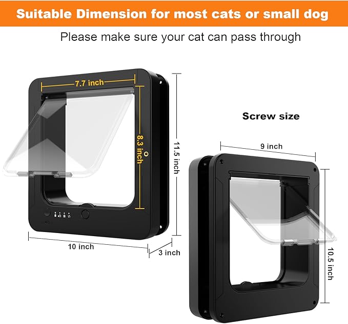 Smart Cat Door with 3 Collar Sensor, RFID Cat Door Collar Activated with Remote Control, 4 Way Locking Cat Flap Automatic Pet Door