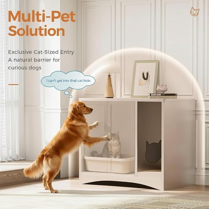 AUN Cat Litter Box Enclosure Hidden Cabinet, Easy Clean Steel Frame Pet House Furniture, Cat Washroom with Curved Entry, Dog-Proof, White, 31.5x19.6x27.5 Inches, Indoor Use