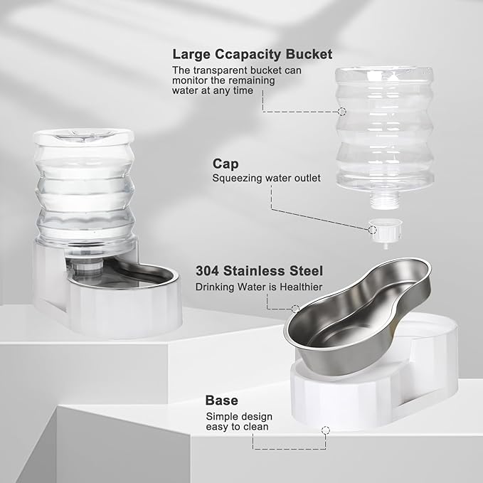 RIZZARI Gravity Water Bowl Dispenser: 4L Automatic Stainless Steel Water Feeder Without Filter - White Pet Waterer for Senior Dogs with Spine Problems - in Bedroom Garden