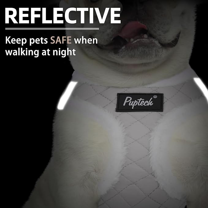 PUPTECK Plush Dog Harness and Leash Set for Small Medium Dogs No Pull Step-in Soft Mesh Puppy Cat Winter Vest Harnesses Reflective at Night Warm, Plush Grey, XS