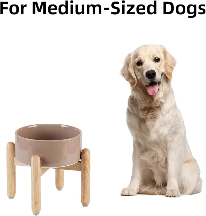 Ceramic 7.3inch Raised Dog Bowl Set, Elevated with Wooden Stand, Food and Water Bowl for Medium Breed Dogs, Weighted Dog Dishes, Pet Feeder(Brown Coffee)