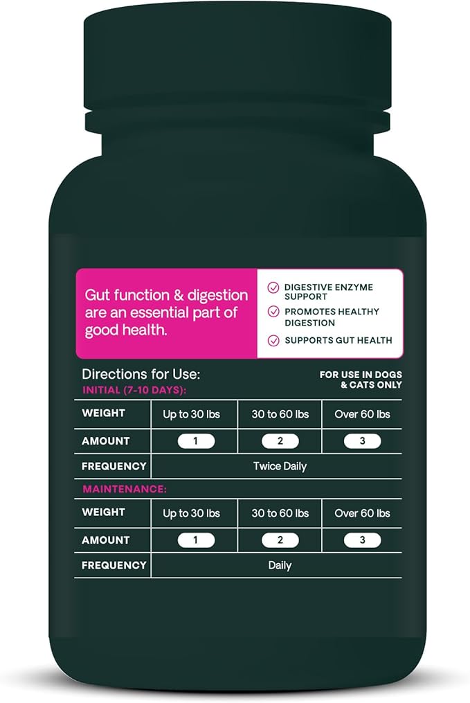 VetriScience Healthy Gut & Digestion Easy-Open Capsules, Acetylator Digestive Enzyme Supplement for Dogs and Cats, Probiotics and Enzymes, Soothe Gut and Bowel Discomfort, 120 Count