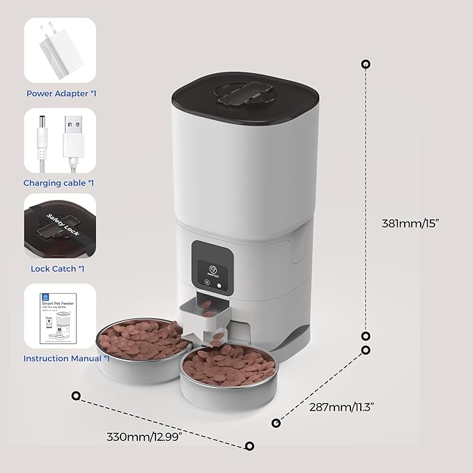 PAPIFEED Automatic Cat Feeder for 2 Cats, 2.4G WiFi Cat Food Dispenser with App Control, 7L Slow Feed Pet Feeder with 2 Stainless Bowls for Cats & Dogs, 12 Portions 10 Meals Daily - White