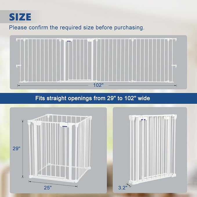 Freestanding Dog Gates with Door Walk Through, Extra Wide Doggy Door 100" W x 29" H Pet Gate Safty 4 Panels Dog Fence for Stairs, Doorways, White