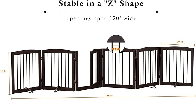 Freestanding Pet Gates with Walk Through Door, Dog Indoor Fence, Dog Gate for The House, Doorway, Stairs, Extra Wide Pet Gate, Support Feet Included, 120 Inch Wide, 6 Panels 24" Tall, Brown