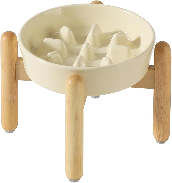Ceramic 1.2 Cup Dog Raised Slow Feeder Set, Elevated Bowl with Wooden Stand for Medium and Small Dog, 7.3inch Slow Feeder Dish for Fast Easters (Beige, Single Bowl+ Stand)
