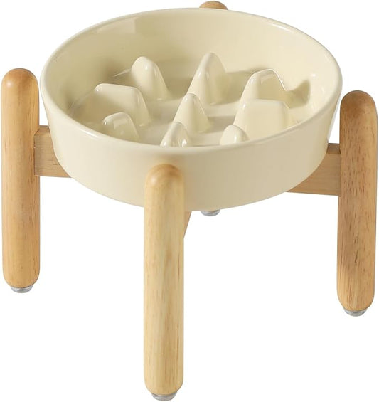 Ceramic 1.2 Cup Dog Raised Slow Feeder Set, Elevated Bowl with Wooden Stand for Medium and Small Dog, 7.3inch Slow Feeder Dish for Fast Easters (Beige, Single Bowl+ Stand)