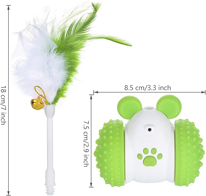 Interactive Cat Toy – Automatic Motion-Activated Cat Ball with Feathers & Jingle Bell, 360° Rotating, Rechargeable 2000mAh Battery, LED Light, Night Auto-Off – Ideal for Indoor Cats (Green)