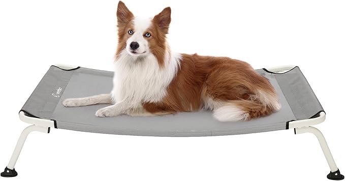 Veehoo Elevated Dog Bed for Outdoor, Cooling Waterproof Raised Dog Cots Beds for Medium Dogs, Curved Off Ground Pet Hammock Cot Lifted for Outside, up to 65lbs, White Legs, Grey 32"