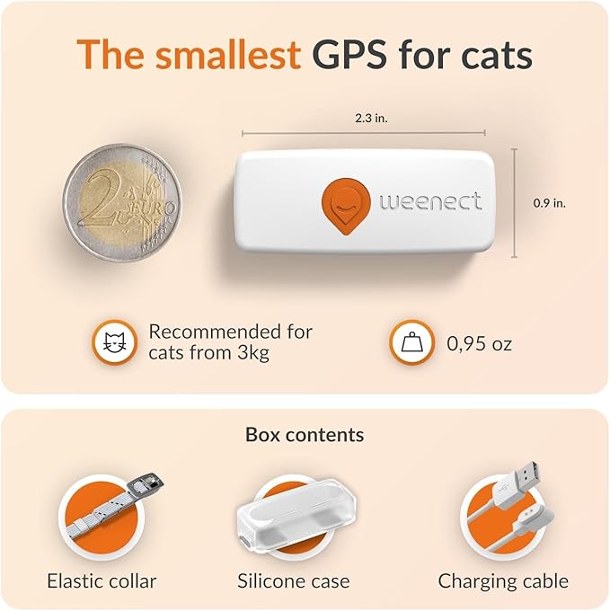 Weenect Cat XS - New GPS Tracker for Cats | Real-time Mini GPS Tracker for Cats | Smallest Model on The Market | Collar Included | Subscription Required