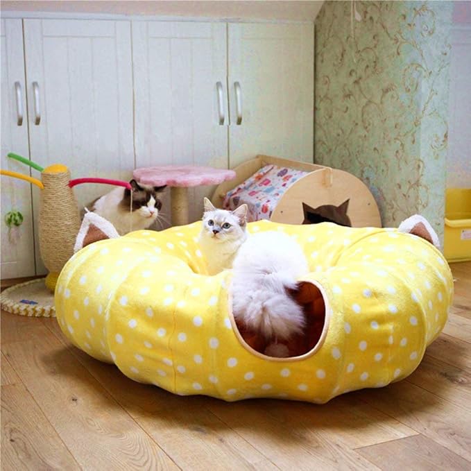 AUOON Cat Tunnel Bed - Christmas Tree Cat Tunnel, Cat Donut Tunnel with Soft Plush Circle Cushion for Indoor Cats Kitten Kitty Puppy Rabbit Ferret (Yellow)