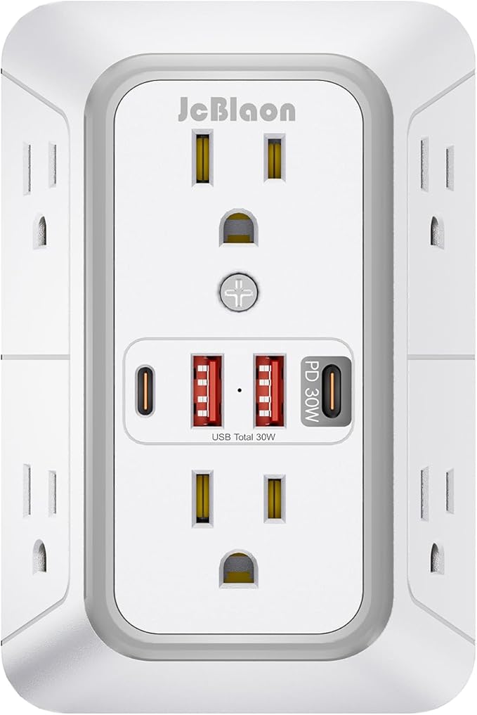 JcBlaon Surge Protector Outlet Extender 6 Outlet Extender with 4 USB Ports (PD 30W), 3 Sided 1050J Multi Plug Wall Adapter Power Strip for Home Travel Office Essentials