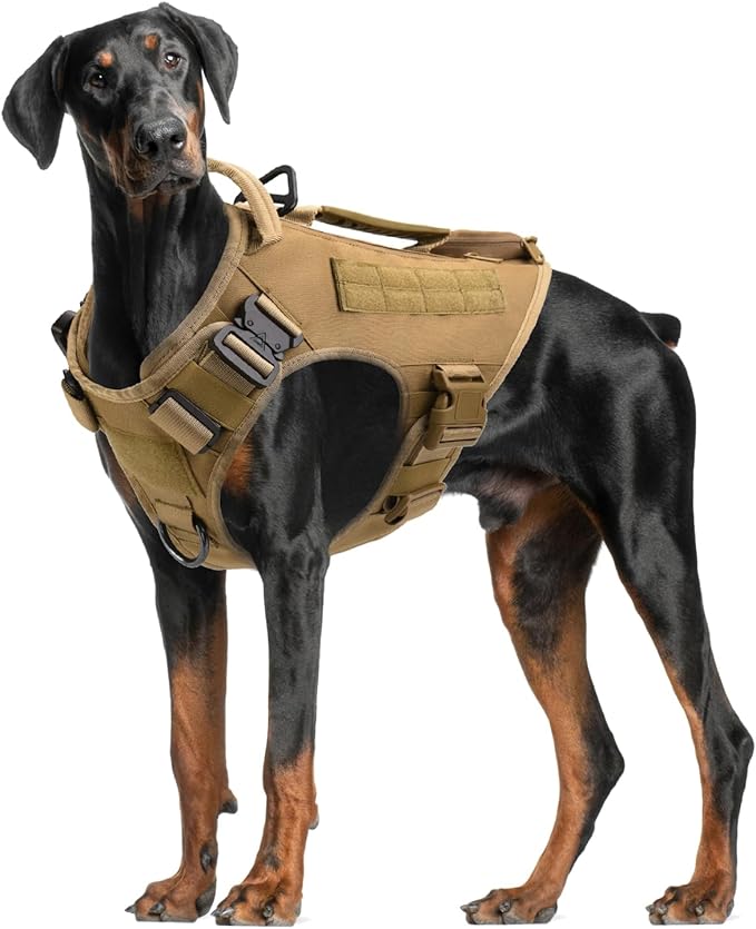 Tactical Dog Backpack Harness for Large Breed Original Design Metal Buckle Vest with Side Bags Pouches for Service Working Training (Khaki (Vest only), L)