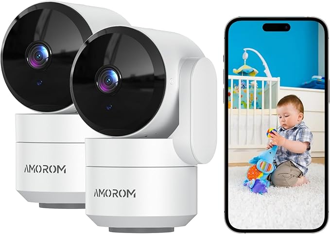 Indoor Security Cameras with 360° Rotating, Baby Monitor and Pet Cameras, Night Vision, Motion Detection, 2-Way Audio, Works with Alexa & Google Assistant, 2.4GHz WiFi, 2 Pack