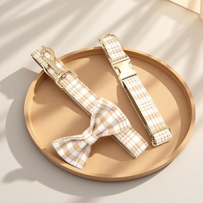 PETDURO Personalized Dog Collar Brown Plaid for Large Medium Dogs | Engraved Name and Phone Number on Gold Metal Buckle for Boys & Girls | Add Leash & Bow Tie via Customize Now