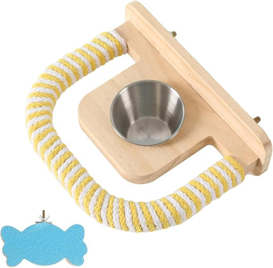 2PCS Parrot Perch Stand Toy,Bird perches for cage,Parrot Wood Platform,Bird Perch with Food Bowl,Bird cage Accessories