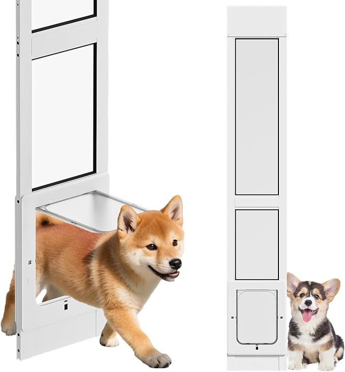 Dog Door for Sliding Glass Door with Magnetic Plastic Flat, Sliding Door Pet Doggie Door Insert with Lock, Adjustable Height No-Cut Required Doggy Door Access Renters, Apartments, Patio (White, S)