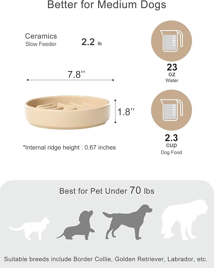 Ceramic Maze Dog Slow Feeder with Non-Slip Silicone Rim – Heavy-Duty Stoneware Bowl with Puzzle Pattern for Bloating & Obesity Prevention (Apricot-M)