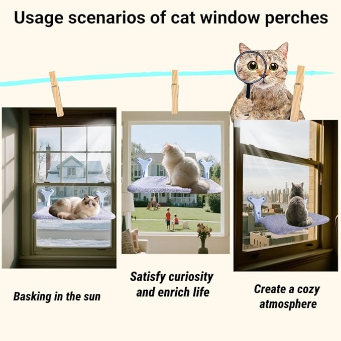 Cat Window Perch Hammock, 6 Suction Cups, 55 Lbs for Large Cats/Multiple Cats, Seat Bed, Indoor Foldable Design with Thickened Metal Frame. Dual-Sided Washable Mat