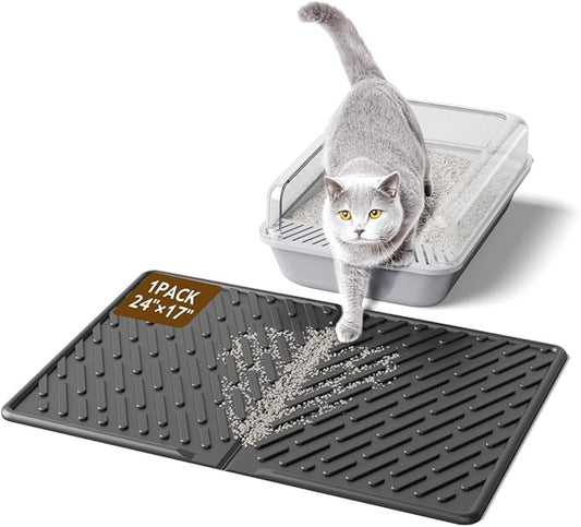 Cat Litter Mat with Grooves & Raised Edge, Urineproof/Waterproof, Foldable, Litter Scattering Control, Easy to Clean & Recycle (24 * 17in-Black-1 Pack)