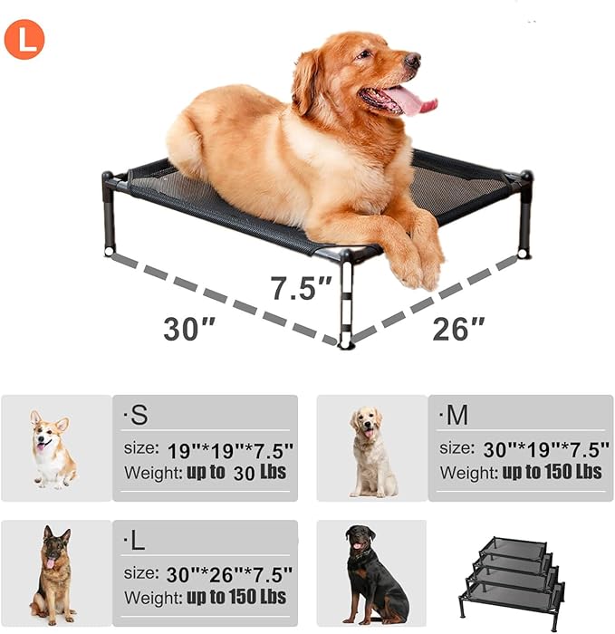 Elevated Dog Bed for Dogs, Portable Indoor & Outdoor Cooling Mesh Raised Dog Bed Cots with Skid-Resistant Feet (Large)