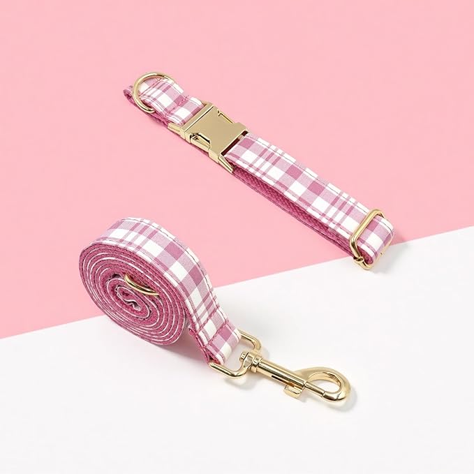 PETDURO Personalized Dog Collar Pink Plaid for Large Medium Dogs | Engraved Name and Phone Number on Gold Metal Buckle for Girls | Add Leash & Bow Tie via Customize Now