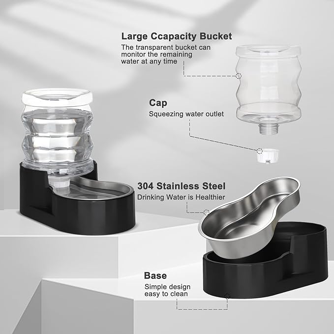 RIZZARI Automatic Gravity Pet Waterer Dispenser : 4L Black Stainless Steel Bowl Without Filter - Large Capacity Feeder for Dogs & Cats - Ideal for Kitchen - Living Room - or Hallway Use