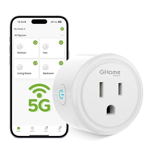 GHome Smart 5G 15A WiFi Smart Plug Compatible with Alexa and Google Home, Outlet Timer Smart Home WiFi Outlet Timer with Remote Control, 5GHz and 2.4GHz Wi-Fi Sockets, ETL FCC Listed, White, 1 Pack