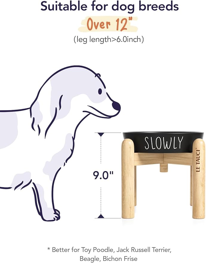 Ceramic Slow Feeder Dog Bowls Elevated, 3 Cups Raised Dog Bowl with Wooden Stand for Medium Large Breed to Slow Down Eating, Puzzle Food Bowl,Black