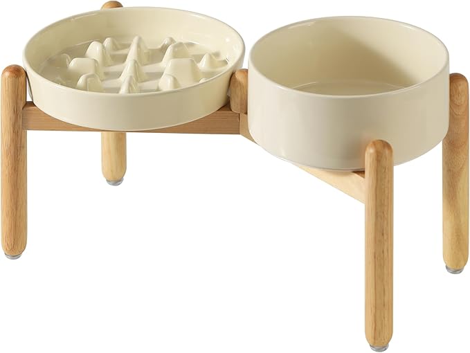 Ceramic 3.2 Cup Raised Slow Feeder Dog Bowl Set, Elevated 8.2inch Bowl and 9.5inch Slow Pet Food Dish with Wooden Stand for Large Dog (2 x Beige+ Stand)