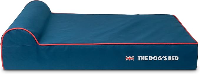 The Dog’s Bed Orthopedic Headrest Dog Bed Large Blue Oxford with Red Trim UK Flag Dog Bed, Memory Foam, Hip & Elbow Dysplasia, Post Surgery, Waterproof Washable Cover