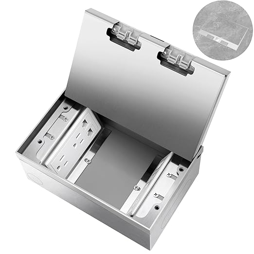 Vagueior Recessed Flat Hidden Floor Electrical Outlet Kit,with 4 * 15A Receptacle+1 * 5V 2.1A USB Charging Ports+2-Port RJ45 Datacom Receptacle，Waterproof Electrical Outlet Covcer Box,Silver