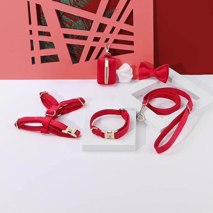 Velvet Harness Set, Gift for Pet Owners, Custom Dog Collar Personalized with Name and Phone Number, Custom Collar and Leash for Dogs, Engraved Metal Buckle Collar (Large)