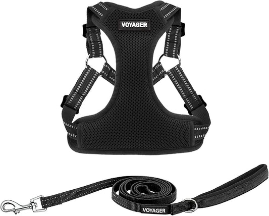Best Pet Supplies Voyager Mesh Dog Breathable Harness Reflective Stitching, All Weather Adjustable for Walking Training, or Running - Heavy Duty & Durable, Harness Leash Set (Black), M
