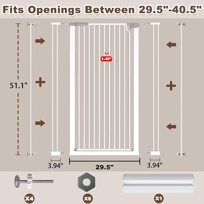 Fairy Baby 51.18" High Extra Tall Cat Gate, 29.5"-40.5" Wide Baby Gate for Stairs No Drill, Metal Auto Close Child Safety Gate Dog Gates for Doorways Pressure Mounted Walk Thru Swing Pet Gate, White