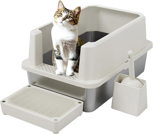 RIZZARI Open Cat Litter Box: Large Beige Stainless Steel Litter Pan 23.8" x 15.9" x 12.4" - High Sided Splash-Proof Easy Clean Toilet for Cats up to 20 lbs - Ideal for - Laundry Areas - Apartments