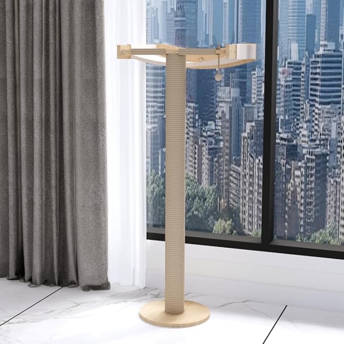 Cat Window Perch with Scratching Post Strong Supported - Large Hammock Bed for Cats Inside - Solid Wood Seat, Soft Cushion - Rustic Indoor Cat Tree Shelf for Sunbathing (Natural, Large 1)