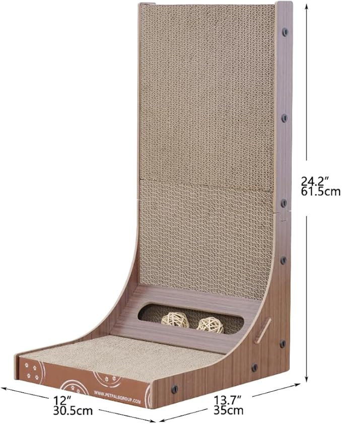 Petpals 24" Double Sides L Shaped Cat Scratch Pad, Corrugated Cardboard Scratching Pad, Replaceable Long Lasting Scratcher,Cat Scratcher with RattanBall Toys.