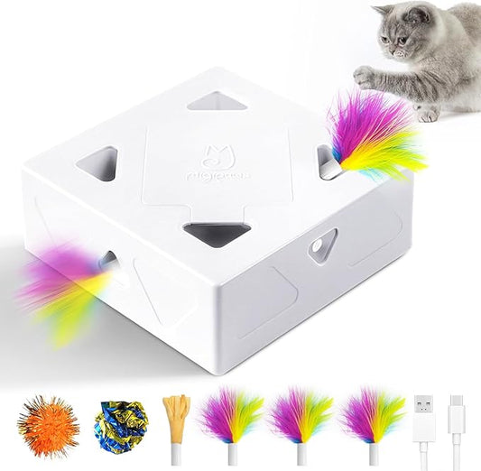 Interactive Cat Toys -Migibox for Indoor Bored Cats, Automatic Pop Out Feathers from 7 Holes Randomly, Motion Activated, USB Rechargeable (Purple Skin)