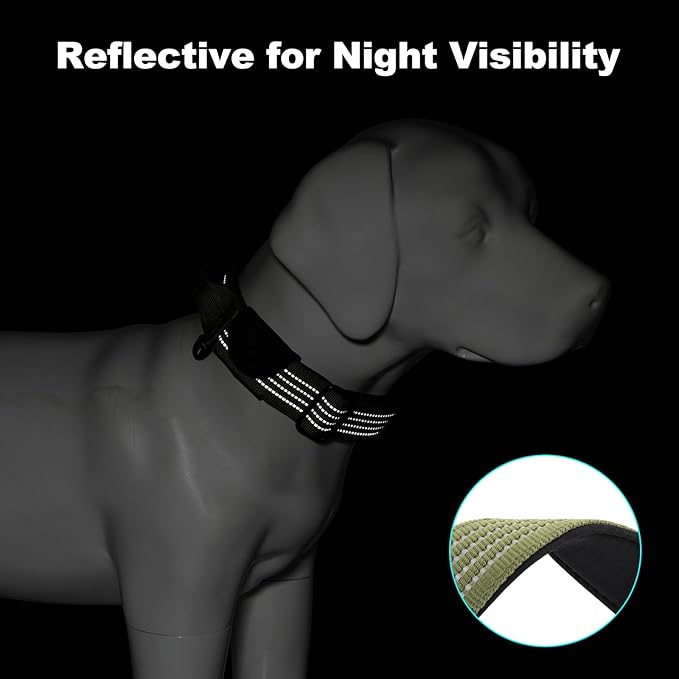 Plutus Pet Tactical Dog Collar with Tracker Packet for AirTag, Adjustable Reflective Nylon Collar, Metal Buckle, Leather-Wrapped Handle, Soft Padded for Medium Large Dogs (Ranger Green, L)