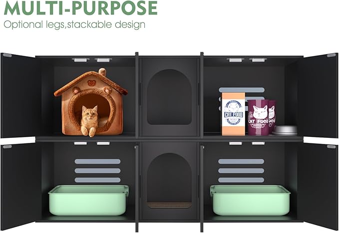 Double Litter Box Enclosure with Cat Scratch Mat & Motion Sensor Light, Wooden Litter Box TV Stand for 2 Litter Boxes & 2 Cats (Black)