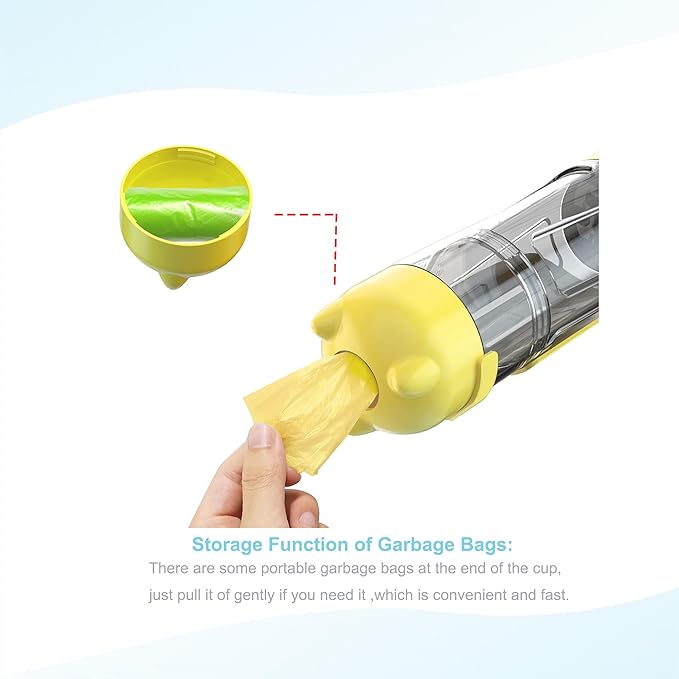 Upgraded Dog Water Bottle,Multifunction with Detachable Pet Treat Container and Poop Bags Box,Trash Shovel,O-Shaped Dog Bowl,Leakproof,Pet Travel,Outdoor Activity Necessities,Yellow(10.56fl oz)