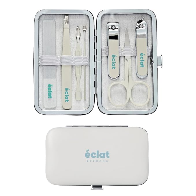 Éclat Manicure Pedicure Kit for Men & Women, 7Pcs Finger & Toe Nail Care Tools Includes Nail Clipper Cutter, Tweezer, File, Cuticle Pusher, Personal Care Professional Grooming Set With Travel Case