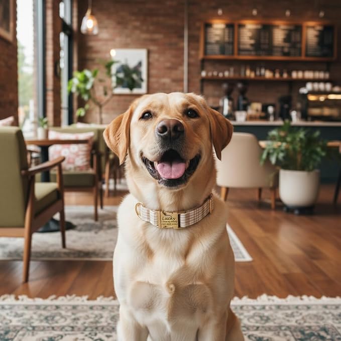 PETDURO Personalized Dog Collar Light Brown Plaid for Large Medium Dogs | Engraved Name and Phone Number on Gold Metal Buckle for Boys & Girls | Add Leash & Bow Tie via Customize Now